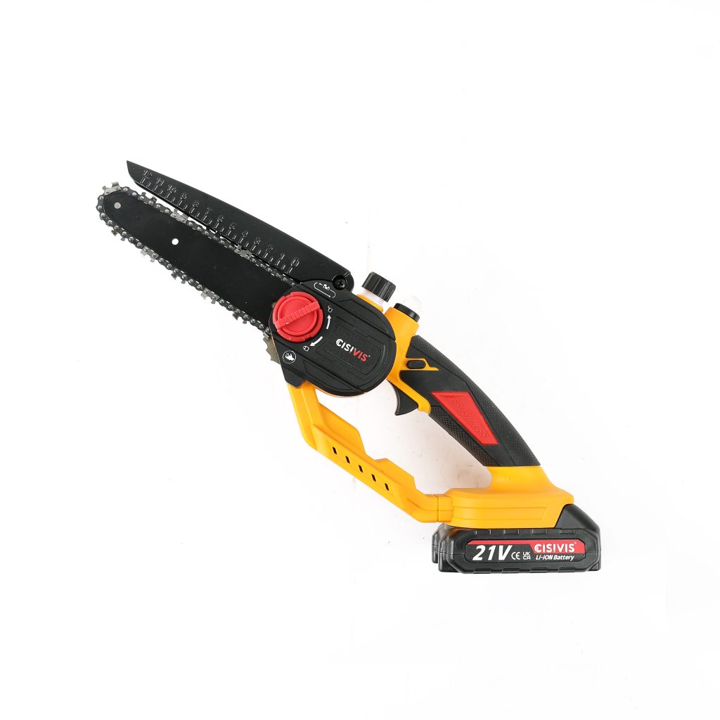 A 21V cordless chainsaw in yellow and black, shown from the front angle with a red adjustment knob.