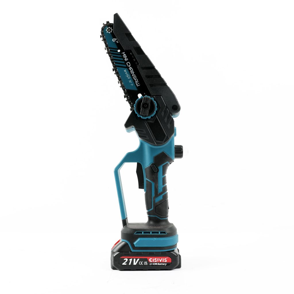 A 21V mini cordless chainsaw shown from the front angle, with a compact design and clear "MINI CHAINSAW" labeling.