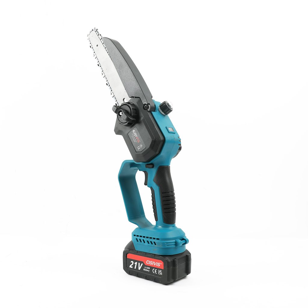 Another angled perspective of a 21V cordless chainsaw, emphasizing the chain and control knobs.