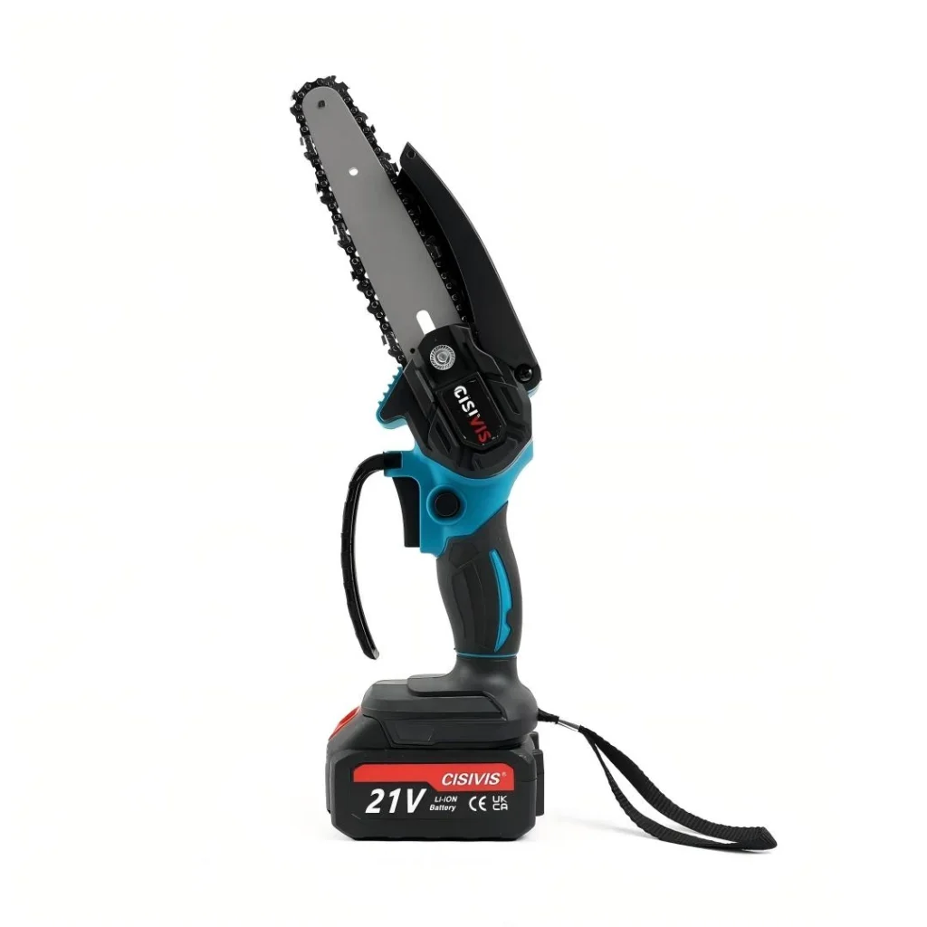 A blue CISIVIS mini chainsaw with a 21V battery, displayed against a white background.