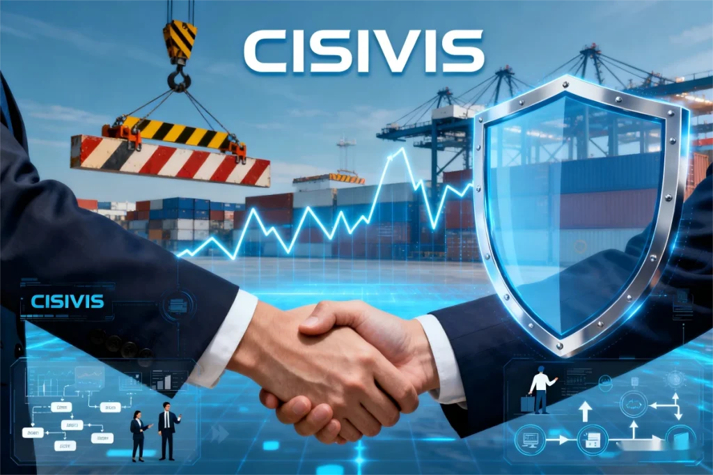 Business handshake with CISIVIS branding, set against a port and financial growth backdrop.