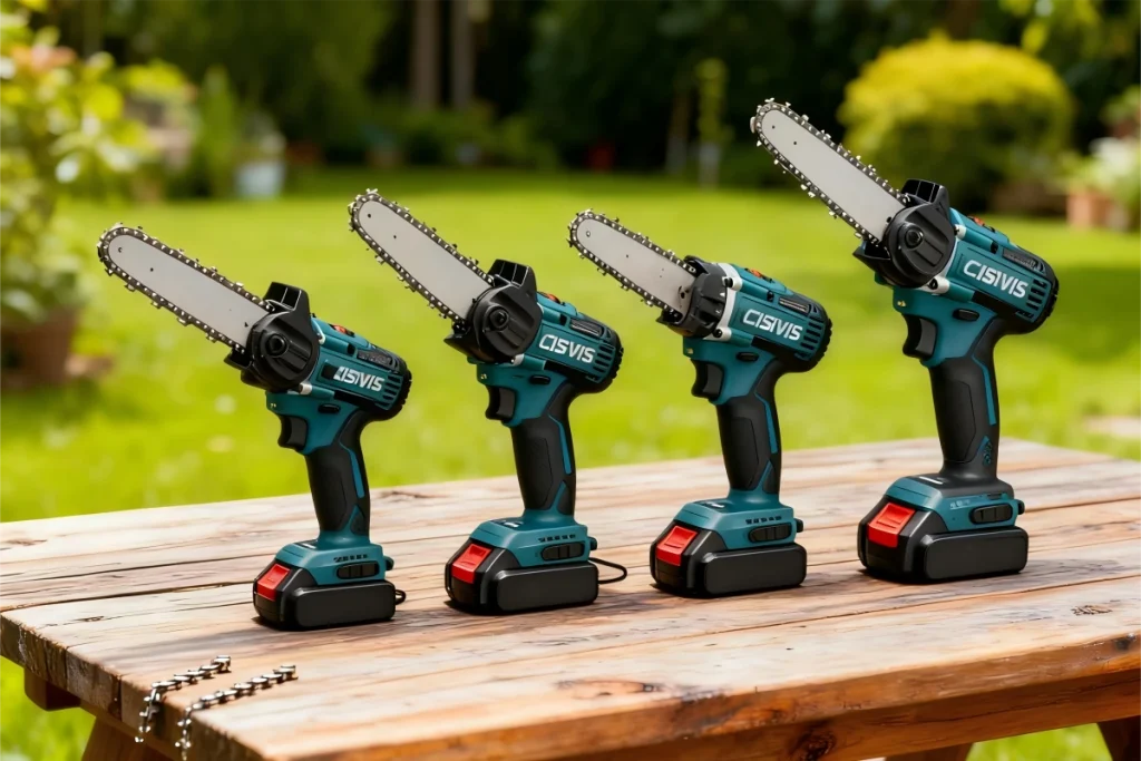 Assortment of CISIVIS chainsaws displayed on a wooden table outdoors.