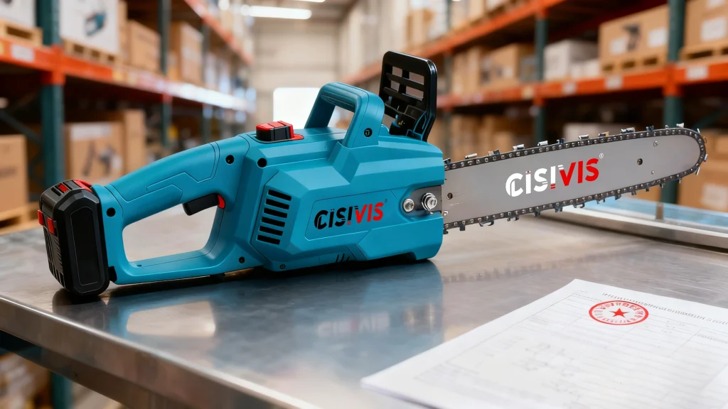 A CISIVIS chainsaw with a blue body, placed on a metal table in a warehouse filled with shelves and boxes.