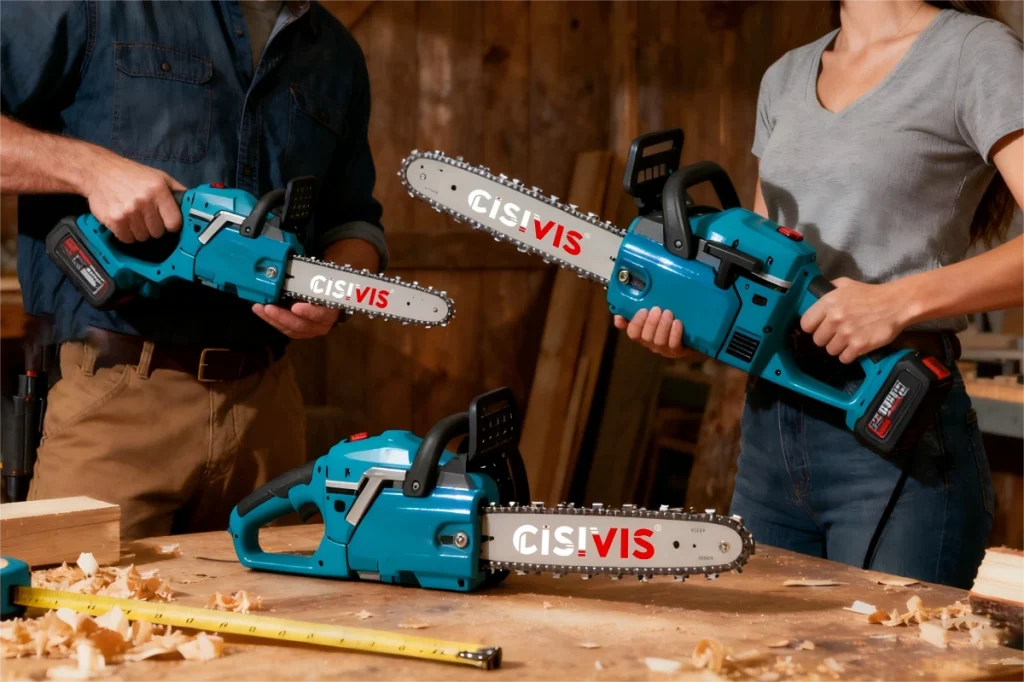 People using CISIVIS chainsaws in a workshop setting, with wood shavings and tools around.