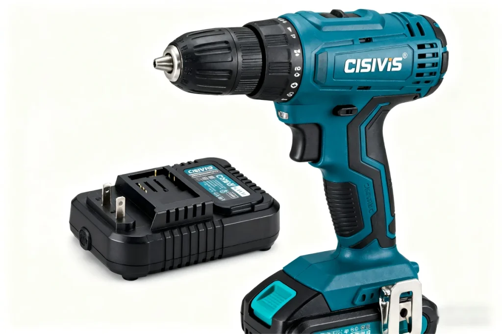 CISIVIS cordless drill with battery and charger displayed.