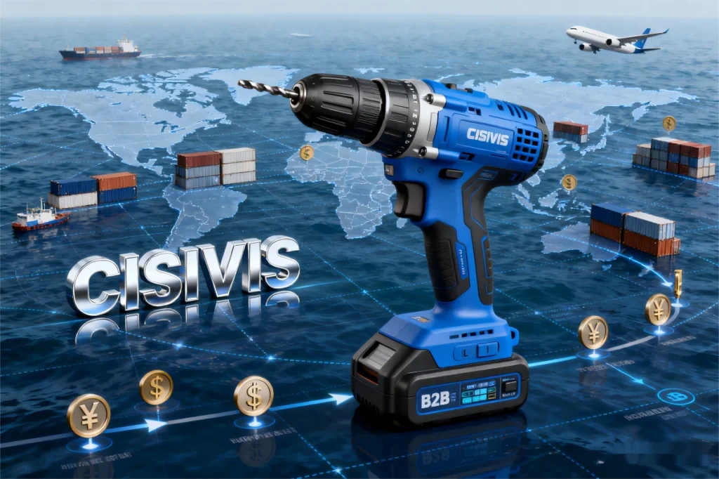 CISIVIS cordless drill presented amid global trade imagery.