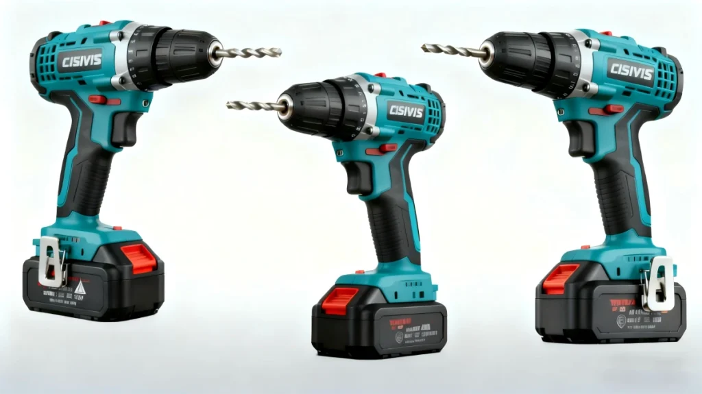 Three models of CISIVIS cordless drills displayed against a white background.