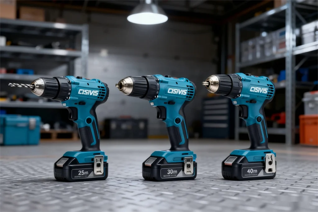 Three CISIVIS cordless drills with different specifications displayed in a workshop setting.