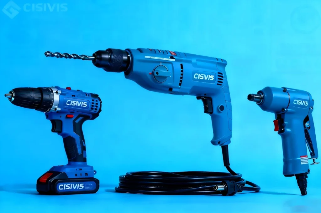Assortment of CISIVIS drills including cordless, corded, and pneumatic types.