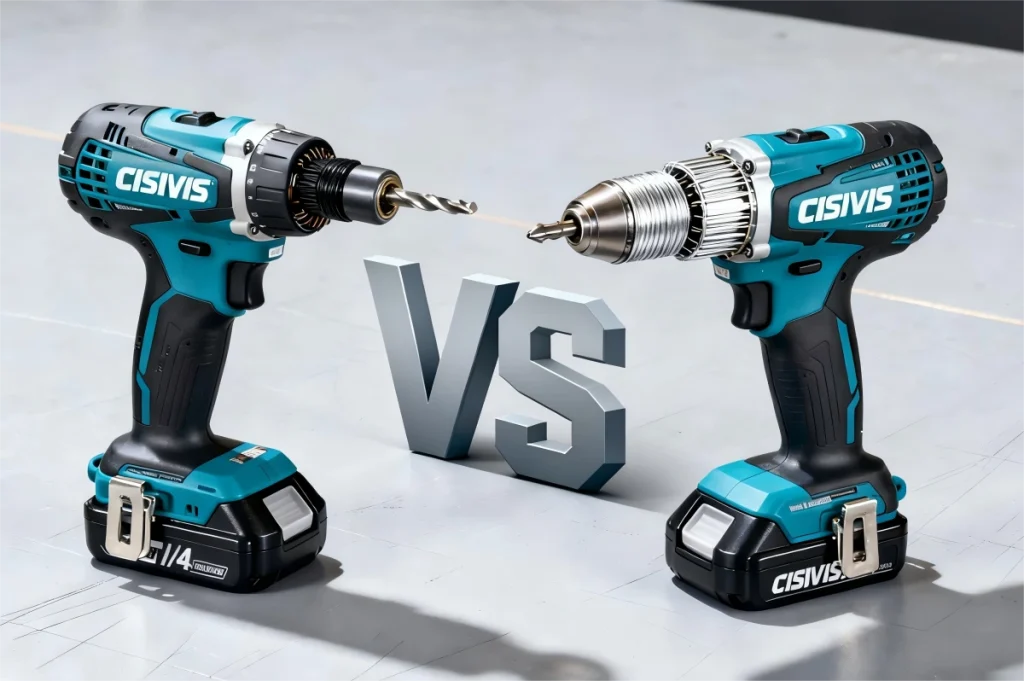 Two CISIVIS cordless drills positioned for comparison on a workbench.