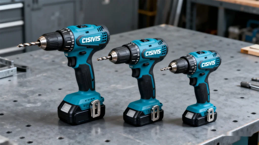 Three CISIVIS drills of different sizes displayed on a workbench.