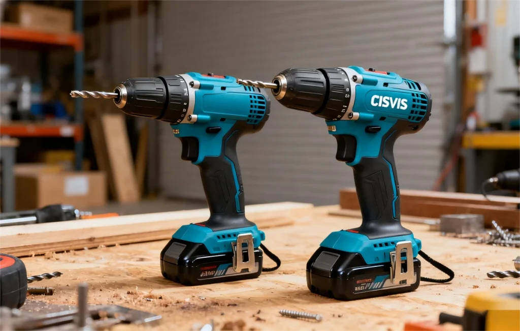 Two CISIVIS drills displayed on a workshop workbench with tools around.
