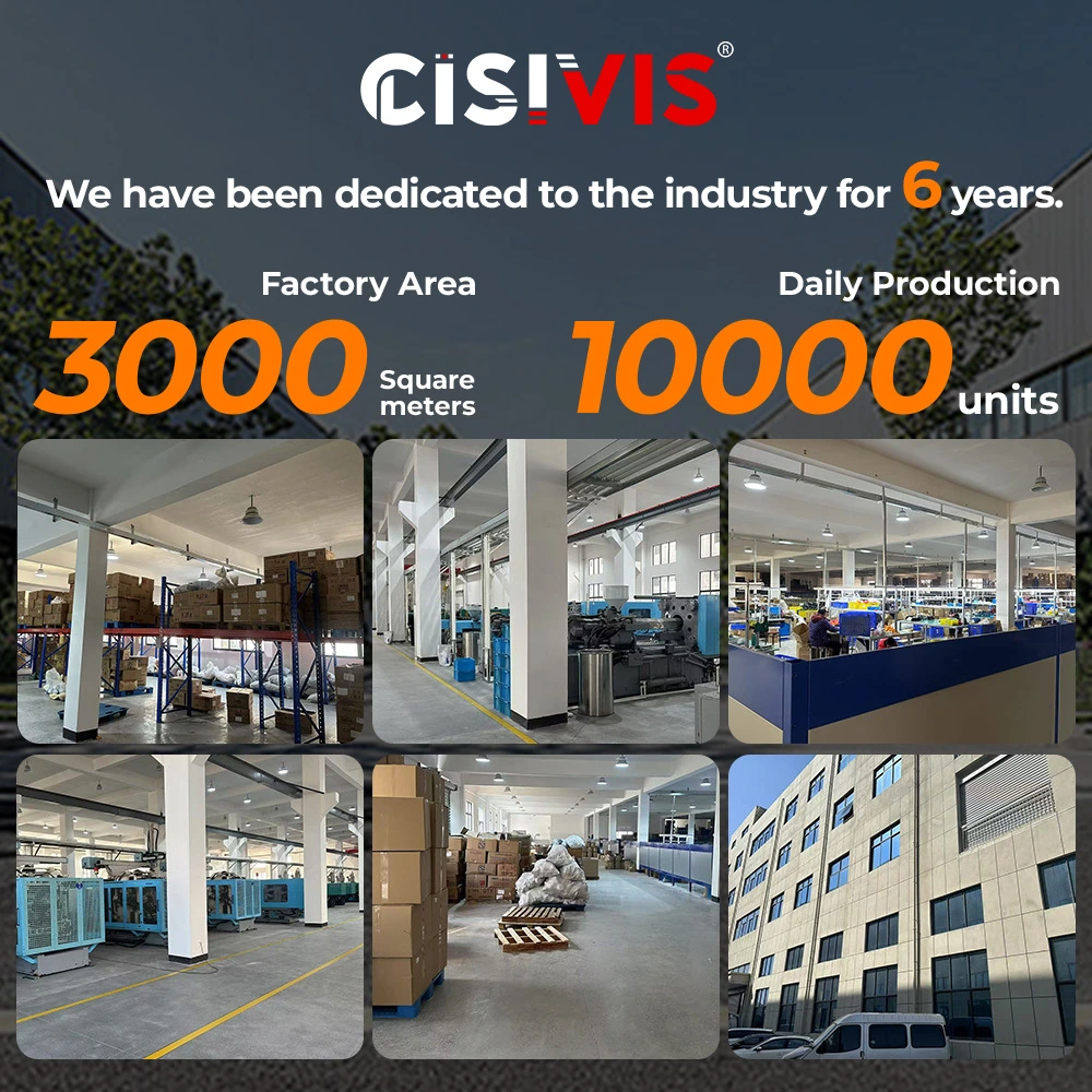Shows CISIVIS's dedication to the industry for 6 years, 3000 - square - meter factory area, and daily production capacity of 10,000 units, along with images of the factory's storage, production, and office areas.