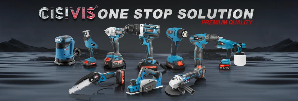 Promotes CISIVIS as a one - stop solution for premium quality power tools, featuring tools like a sander, impact driver, drill, heat gun, spray gun, chainsaw, planer, and angle grinder.