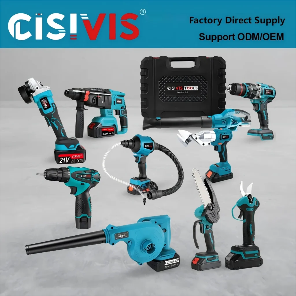 Presents various CISIVIS power tools such as an angle grinder, hammer drill, impact driver, chainsaw, and blower, emphasizing factory direct supply and ODM/OEM support, with a tool case included.
