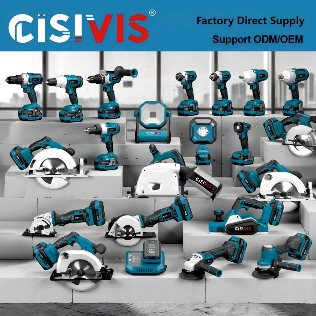 Shows an extensive collection of CISIVIS power tools like drills, circular saws, angle grinders, and work lights, with factory direct supply and ODM/OEM support noted.