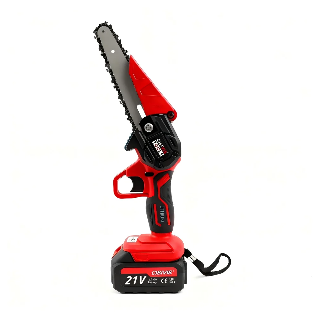A red CISIVIS mini chainsaw with a 21V battery, presented against a white background.