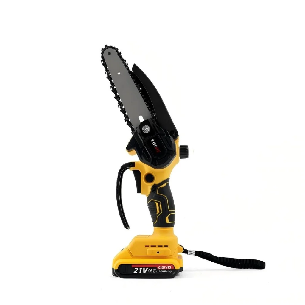 A yellow CISIVIS mini chainsaw with a 21V battery, shown against a white background.