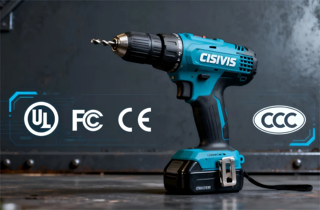 CISIVIS drill shown with UL, FC, CE, and CCC certification marks, highlighting its certified quality.