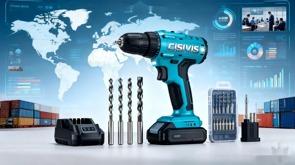 CISIVIS drill, bits, charger, and case shown with world map and trade visuals.