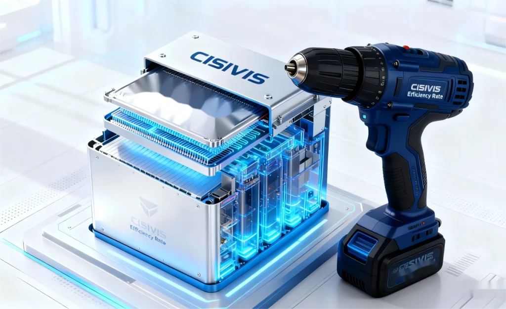 CISIVIS drill alongside a transparent, illuminated battery module.
