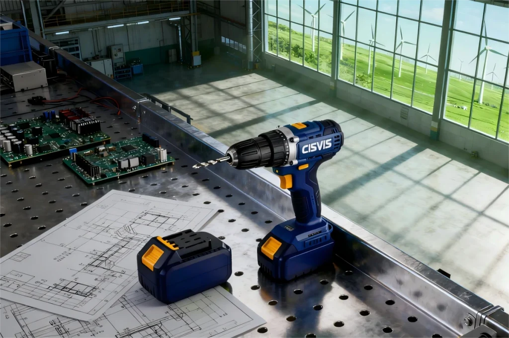 CISIVIS drill on a workbench with circuit boards and blueprints in a factory.
