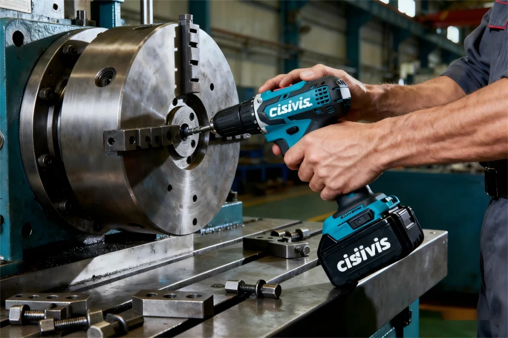 Worker uses CISIVIS drill on large metal machinery in a factory.