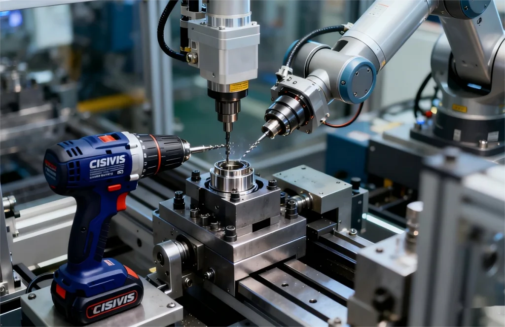CISIVIS drill used in a high-precision manufacturing setup with robotic tools.