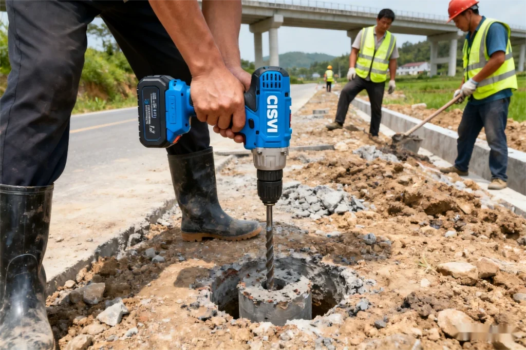 Worker uses CISIVIS drill for concrete drilling at a roadside construction site.