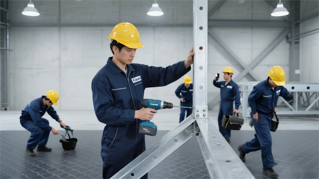 Workers in uniforms operate drills at a worksite.