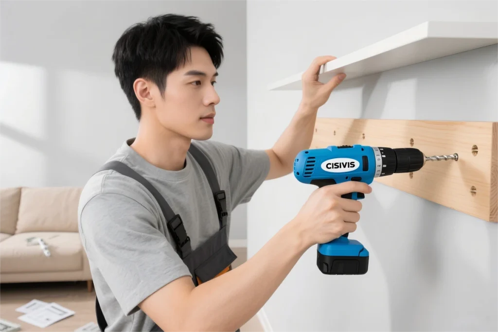 A person uses a drill to build furniture.