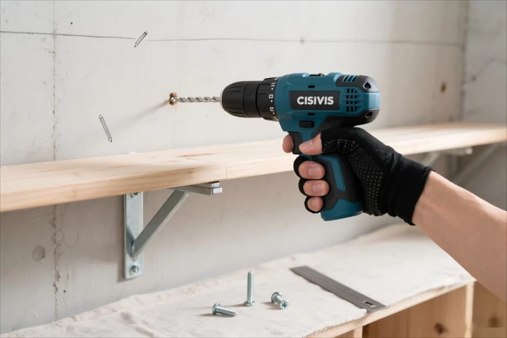 A drill bores into a concrete wall.