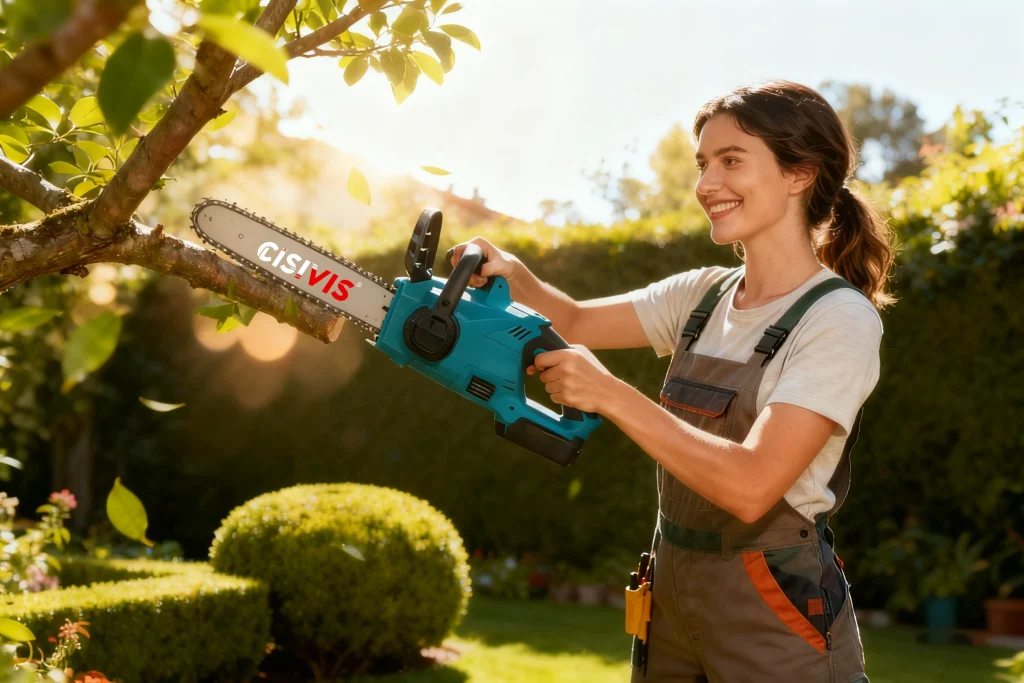 A person using a blue CISIVIS chainsaw to cut a tree branch in a sunny garden.