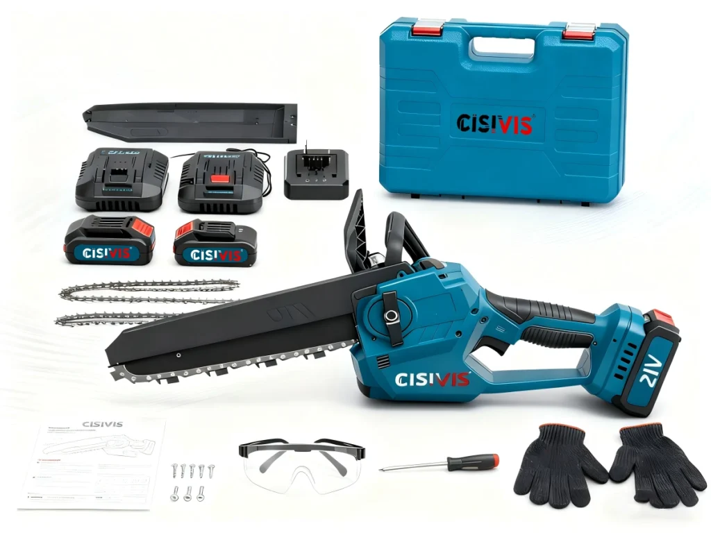 A blue CISIVIS chainsaw along with its accessories, including batteries, a carrying case, and safety gear, displayed against a white background.