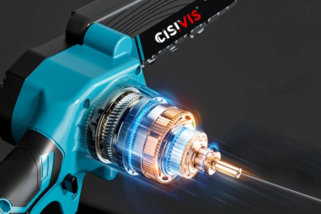Close - up of CISIVIS chainsaw motor with glowing internal parts.