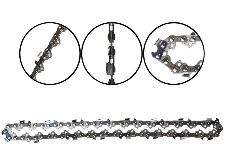 Close - up of a chainsaw chain with magnified sections showing details.