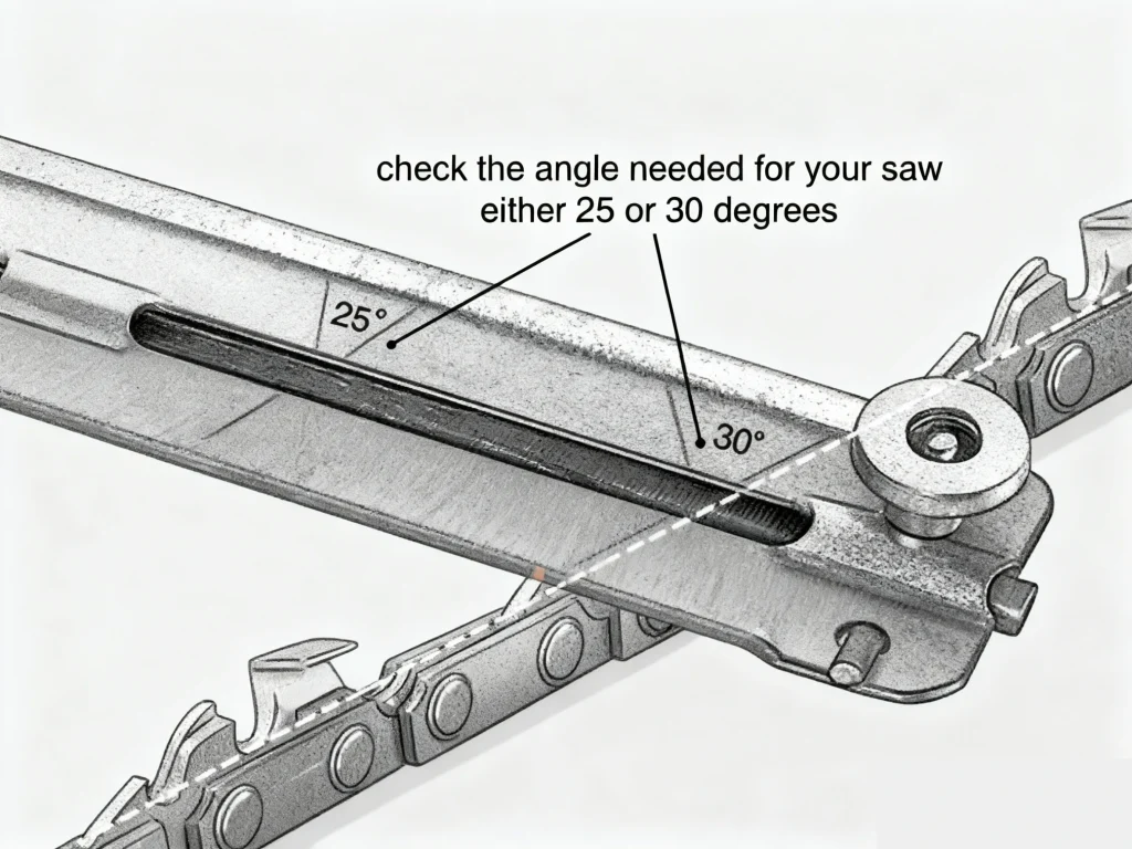 Diagram showing 25° and 30° filing angles for a chainsaw chain.