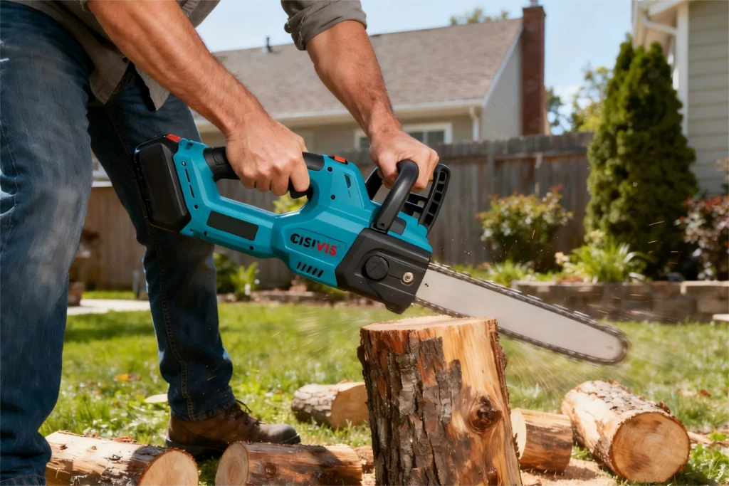 Person using a CISIVIS chainsaw to cut a tree stump in a yard.