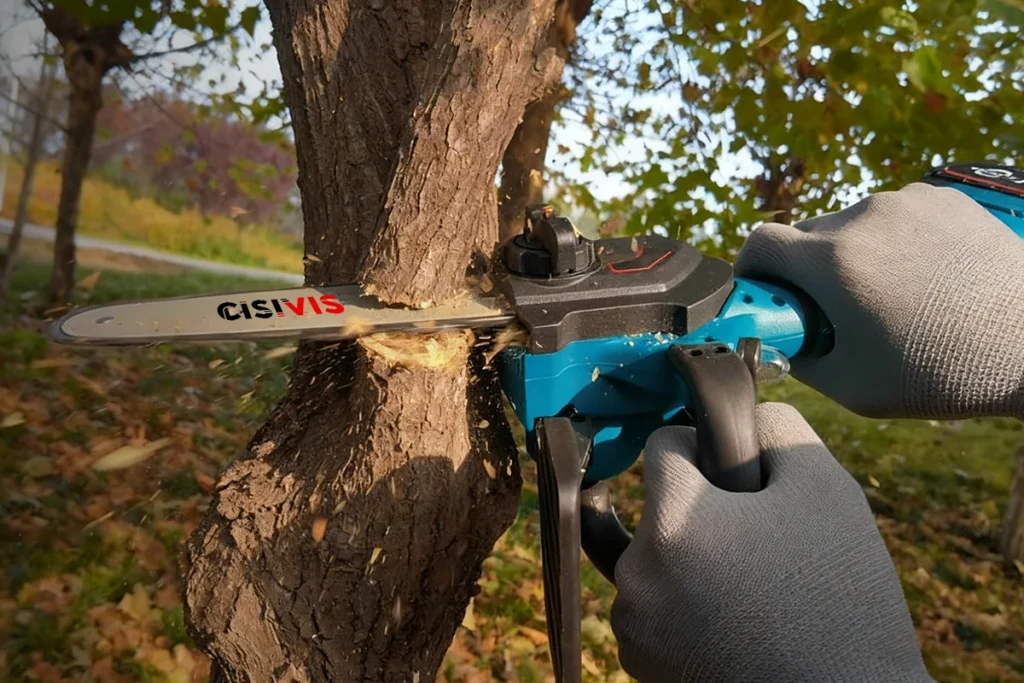 Person using a CISIVIS chainsaw to cut a tree trunk outdoors.