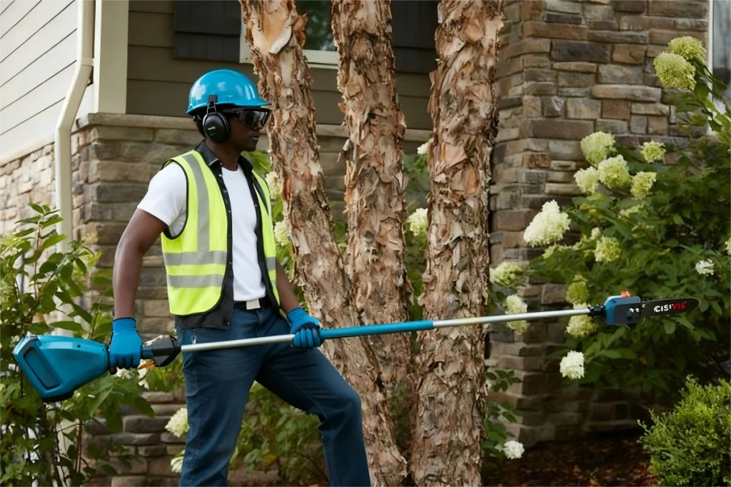 A person using a blue CISIVIS pole saw near a house with stone walls and flowering plants.