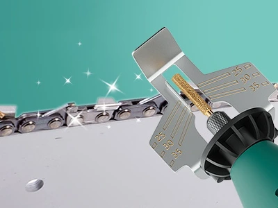 A chainsaw sharpening tool with angle markings (25°, 30°, 35°) for precise chain maintenance.