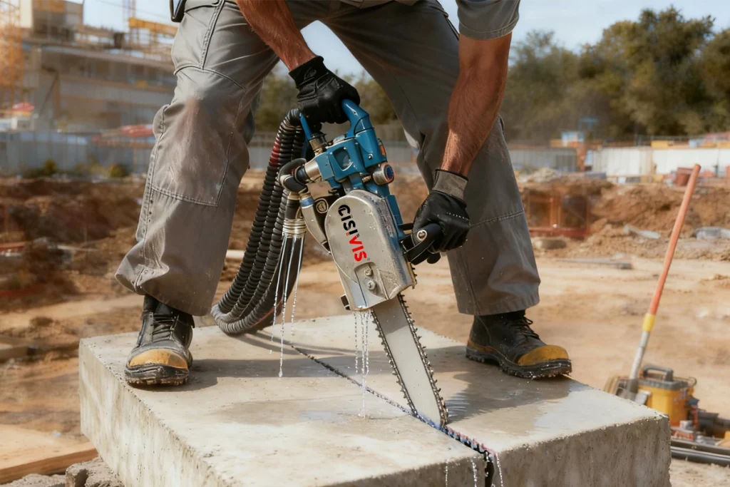 A worker using a CISIVIS chainsaw to cut concrete at a construction site, with water cooling the saw.