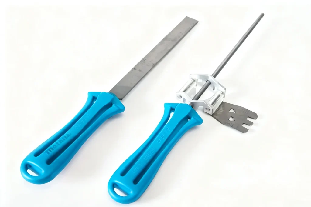 Two chainsaw sharpening tools with blue handles, including a file and a flat file, essential for maintaining chainsaw performance.